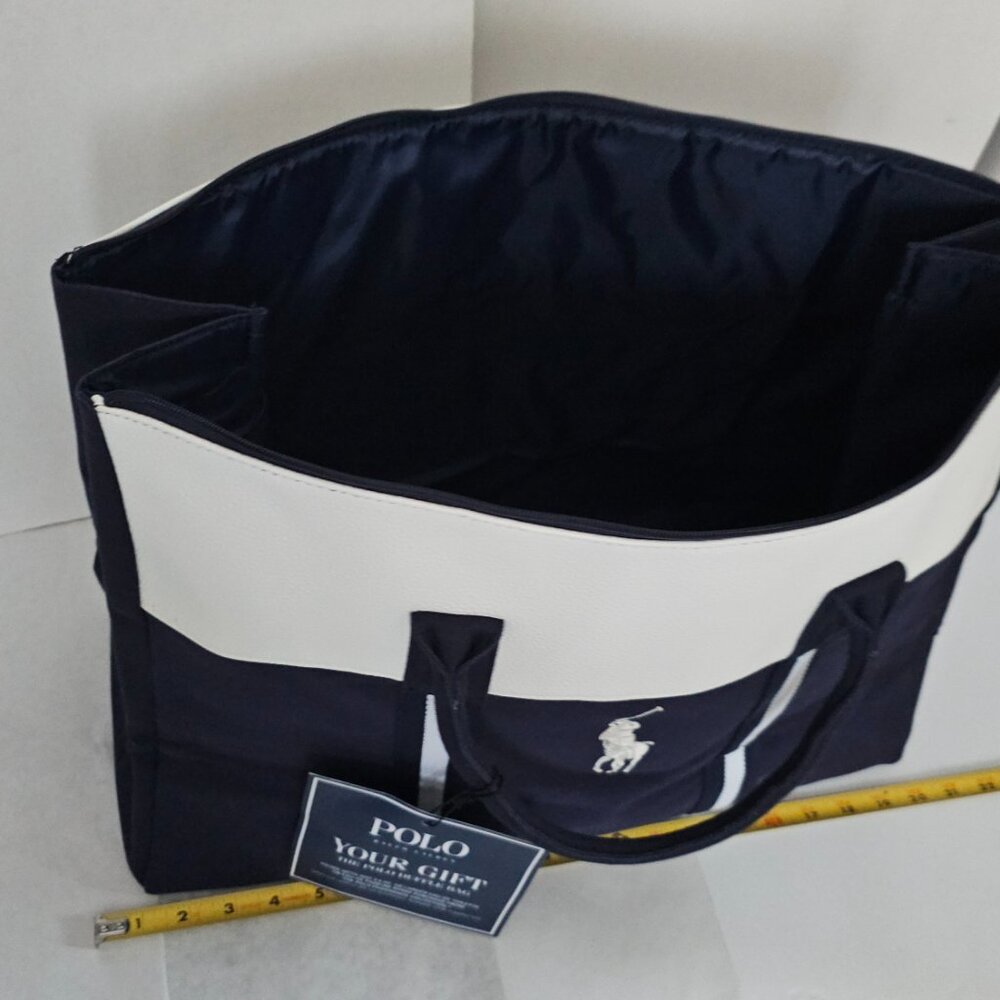Polo Ralph Lauren Navy Canvas & Leather Trim Large Tote Travel Carryall bag - Picture 4 of 17